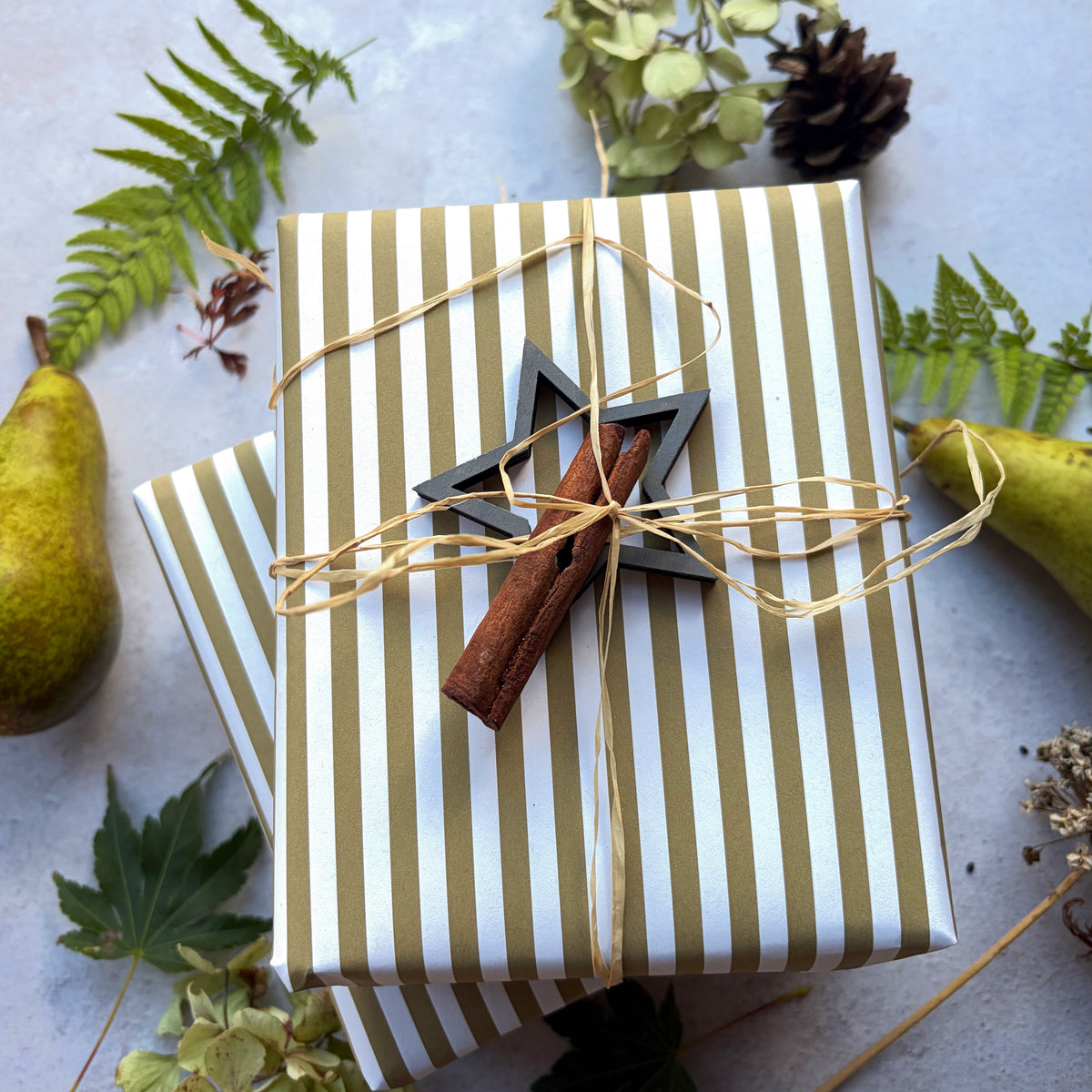 Moss Green Stripe  on  White Recycled Fibre 450 x 320mm Size Wrapping Paper Sheet