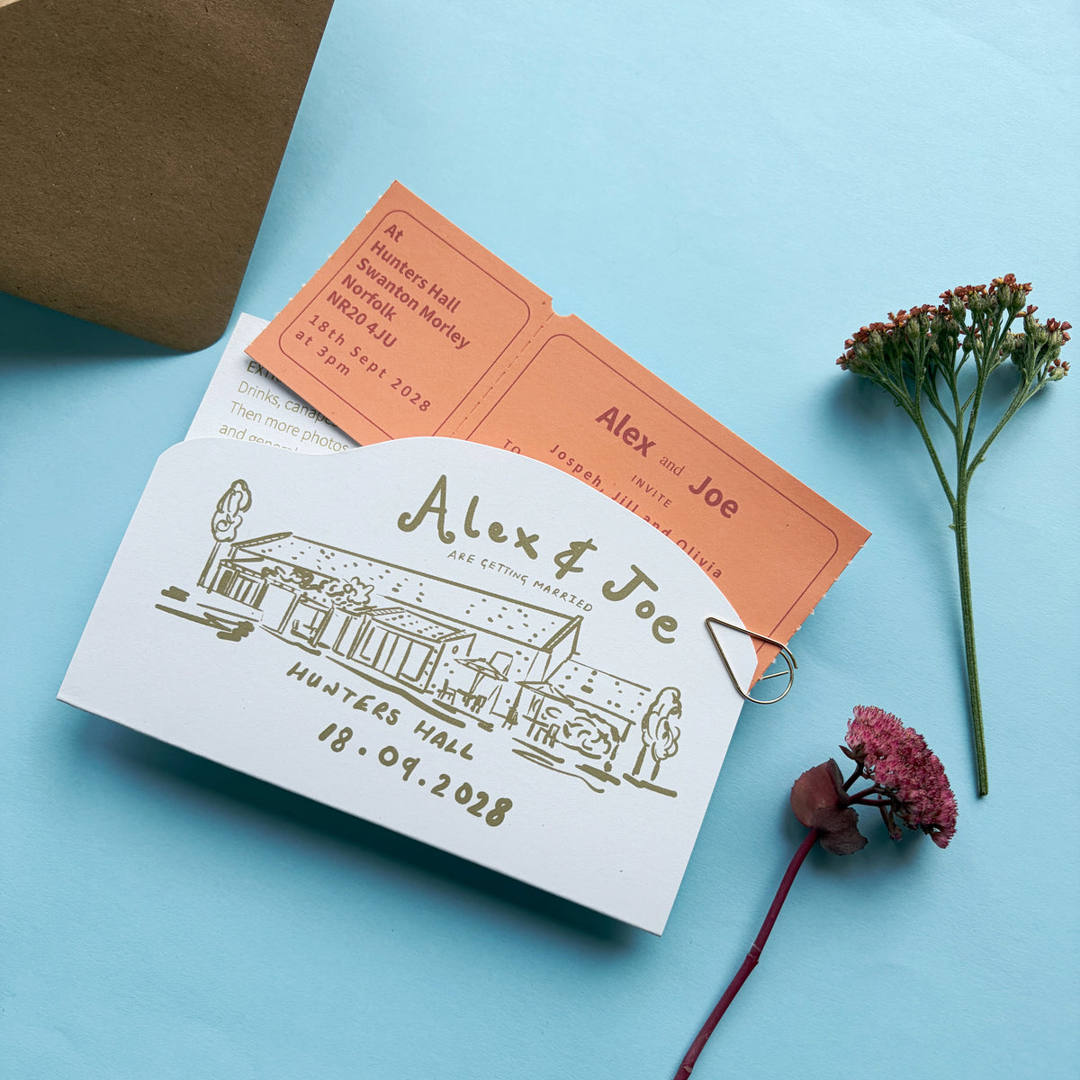 Colourful Fun Bespoke Hand Illustrated Wedding Venue, Information And Ticket Invitation