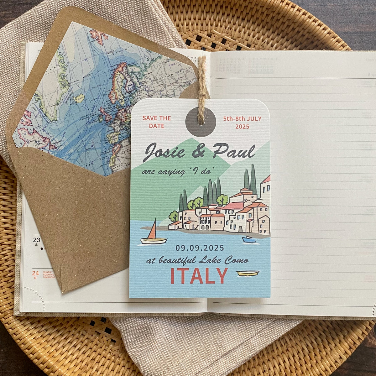 Lake Como Illustration Luggage Tag Save The Date