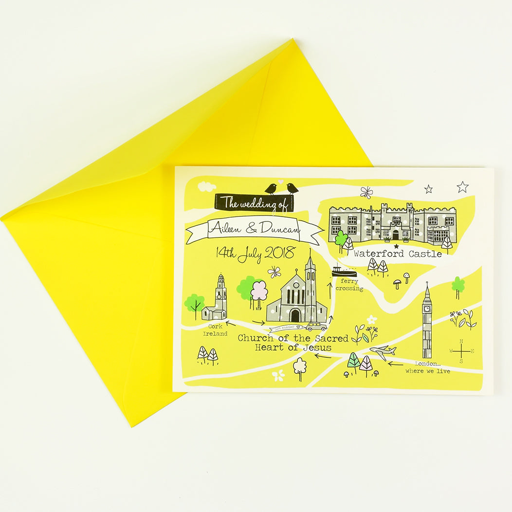 Illustrated Bespoke Map Invitation - Our Story Yellow
