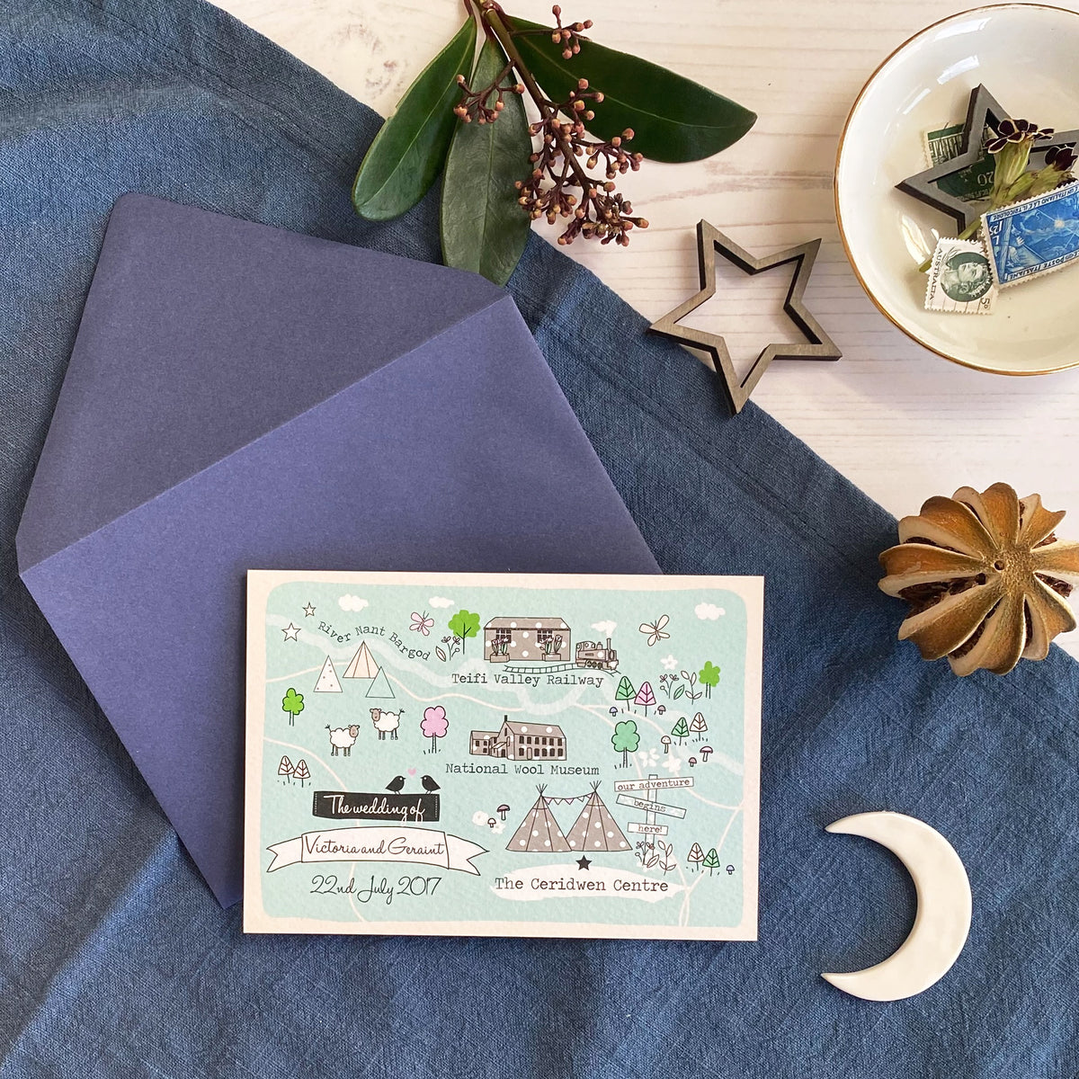 Illustrated Bespoke Map Invitation - (Duck EGG)