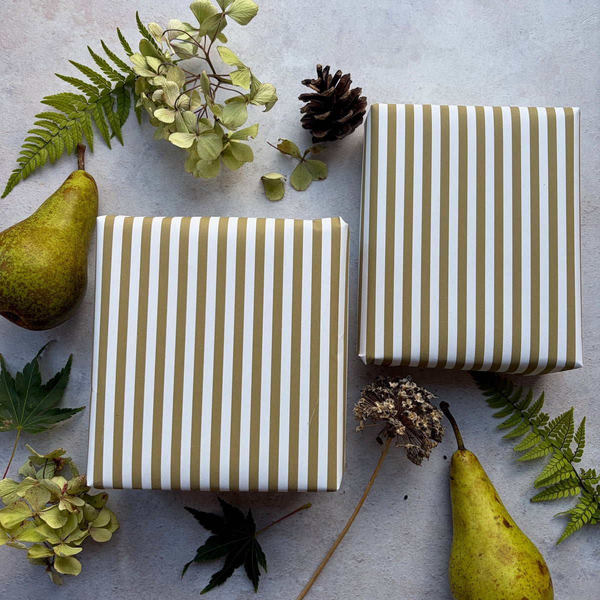 Moss Green Stripe  on  White Recycled Fibre 450 x 320mm Size Wrapping Paper Sheet