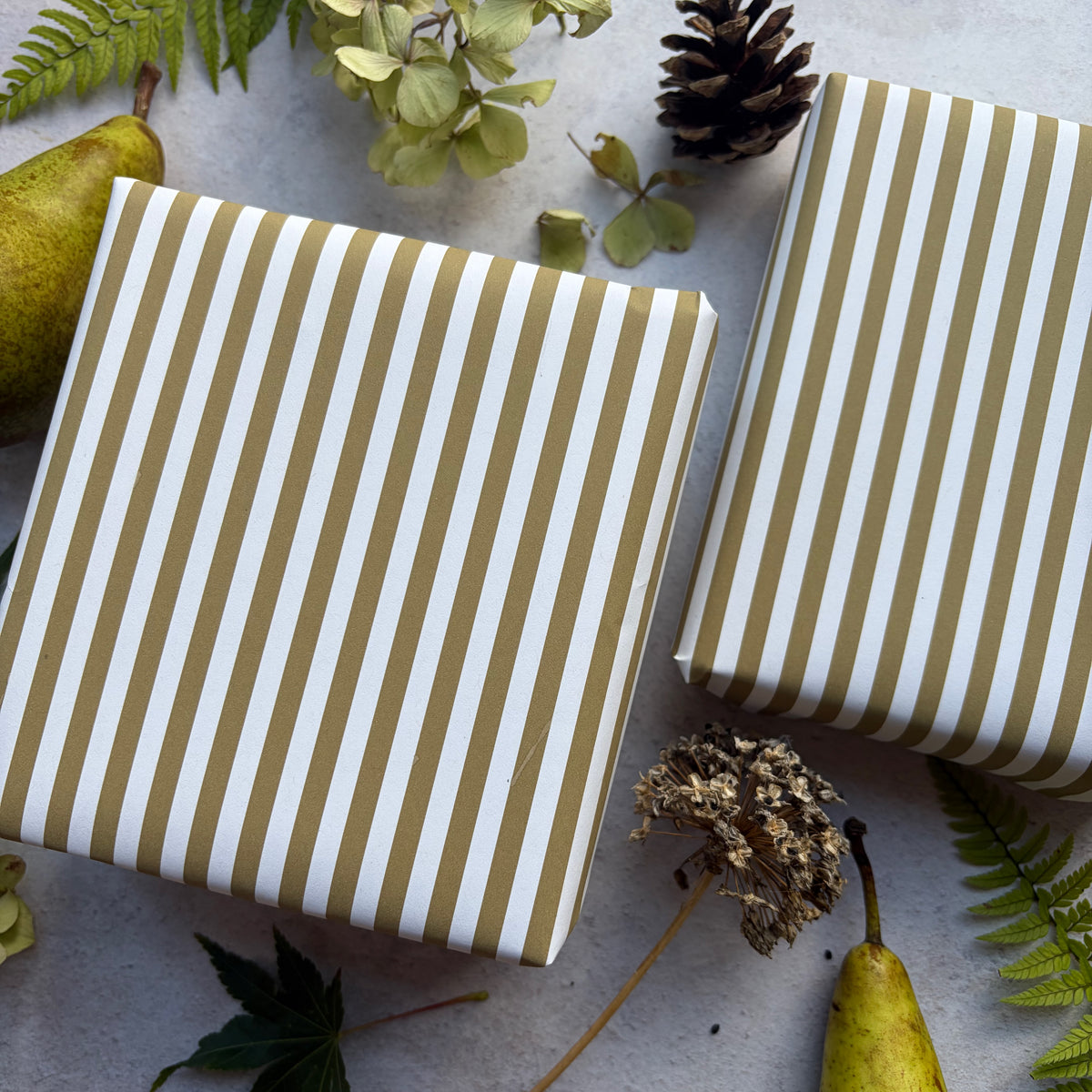 Moss Green Stripe  on  White Recycled Fibre 450 x 320mm Size Wrapping Paper Sheet