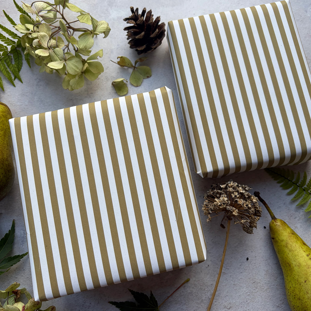 Moss Green Stripe  on  White Recycled Fibre 450 x 320mm Size Wrapping Paper Sheet