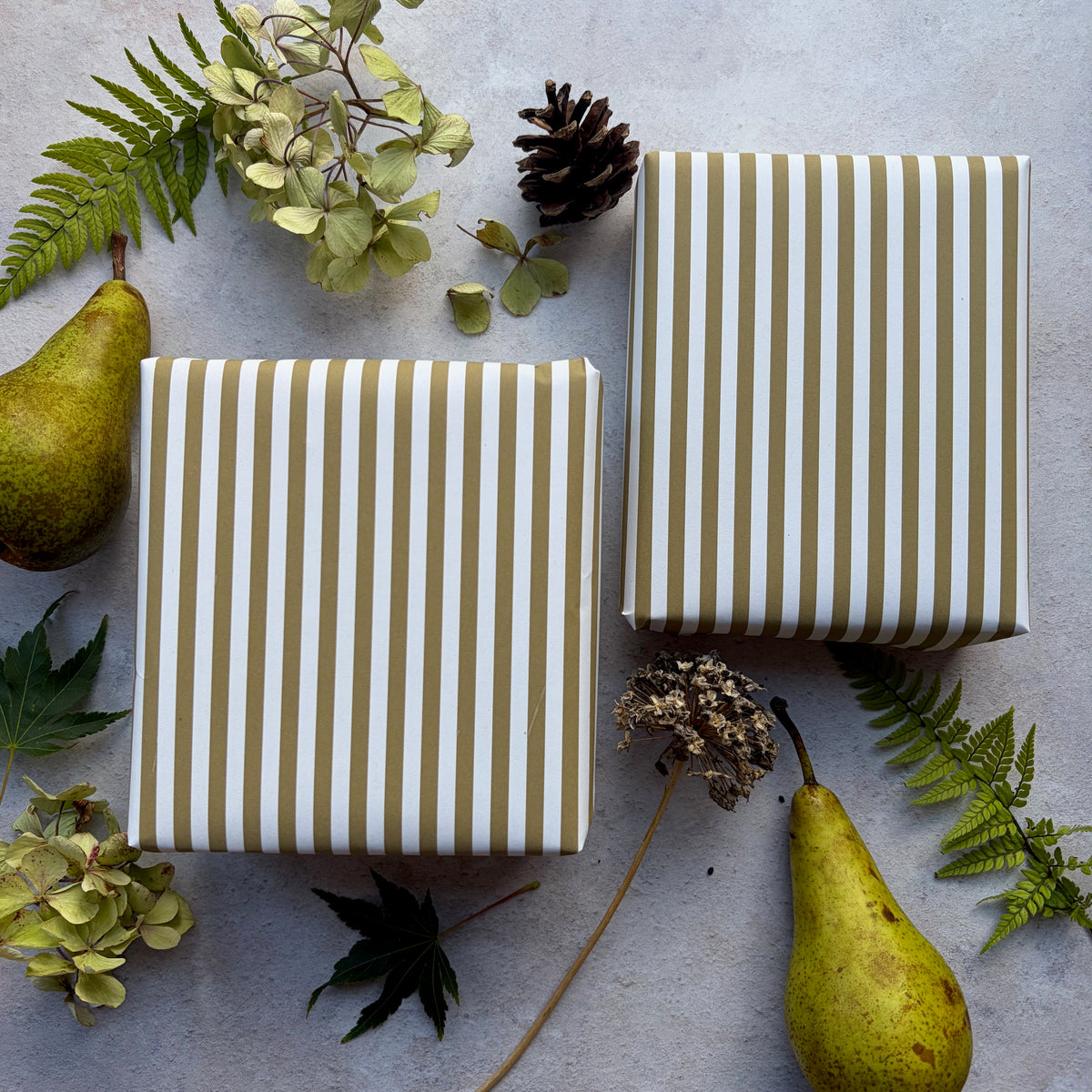 Moss Green Stripe  on  White Recycled Fibre 450 x 320mm Size Wrapping Paper Sheet