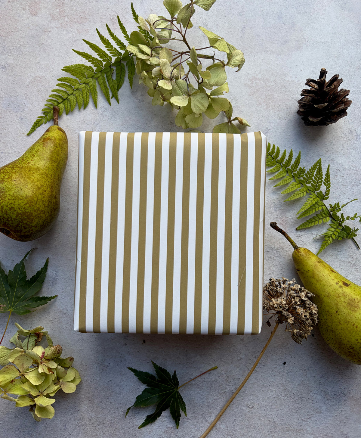 Moss Green Stripe  on  White Recycled Fibre 450 x 320mm Size Wrapping Paper Sheet
