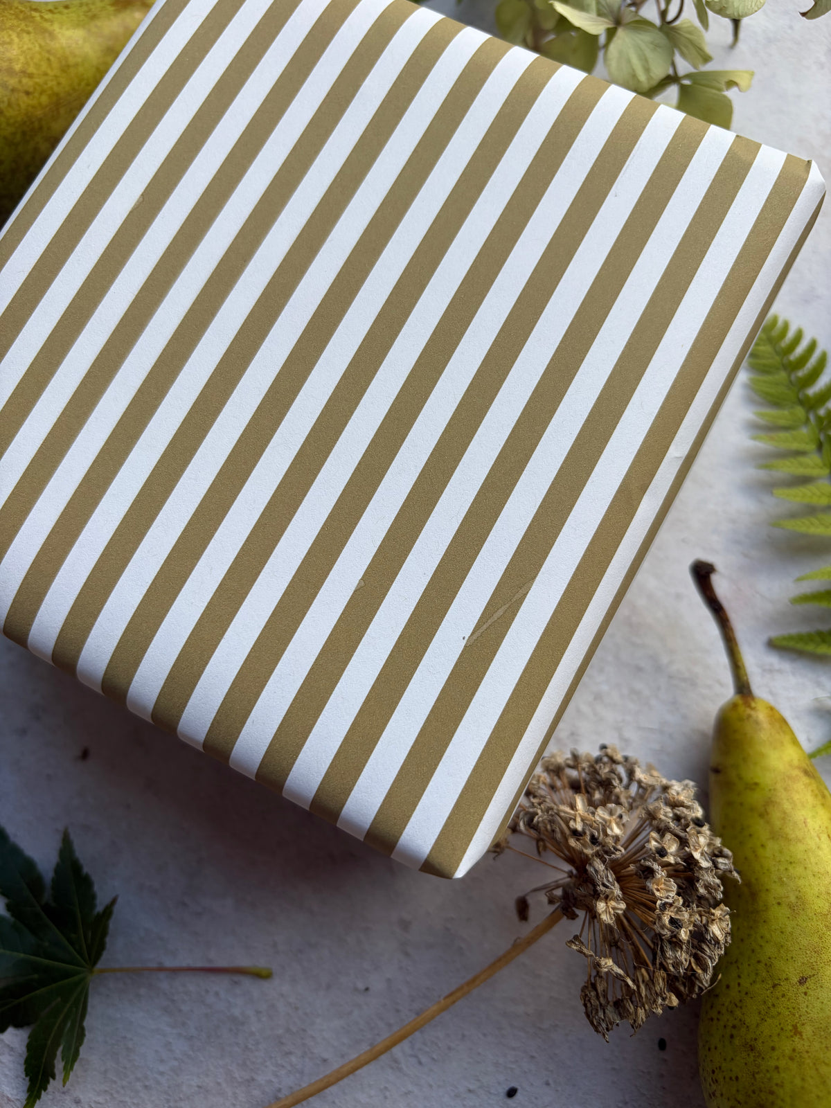 Moss Green Stripe  on  White Recycled Fibre 450 x 320mm Size Wrapping Paper Sheet