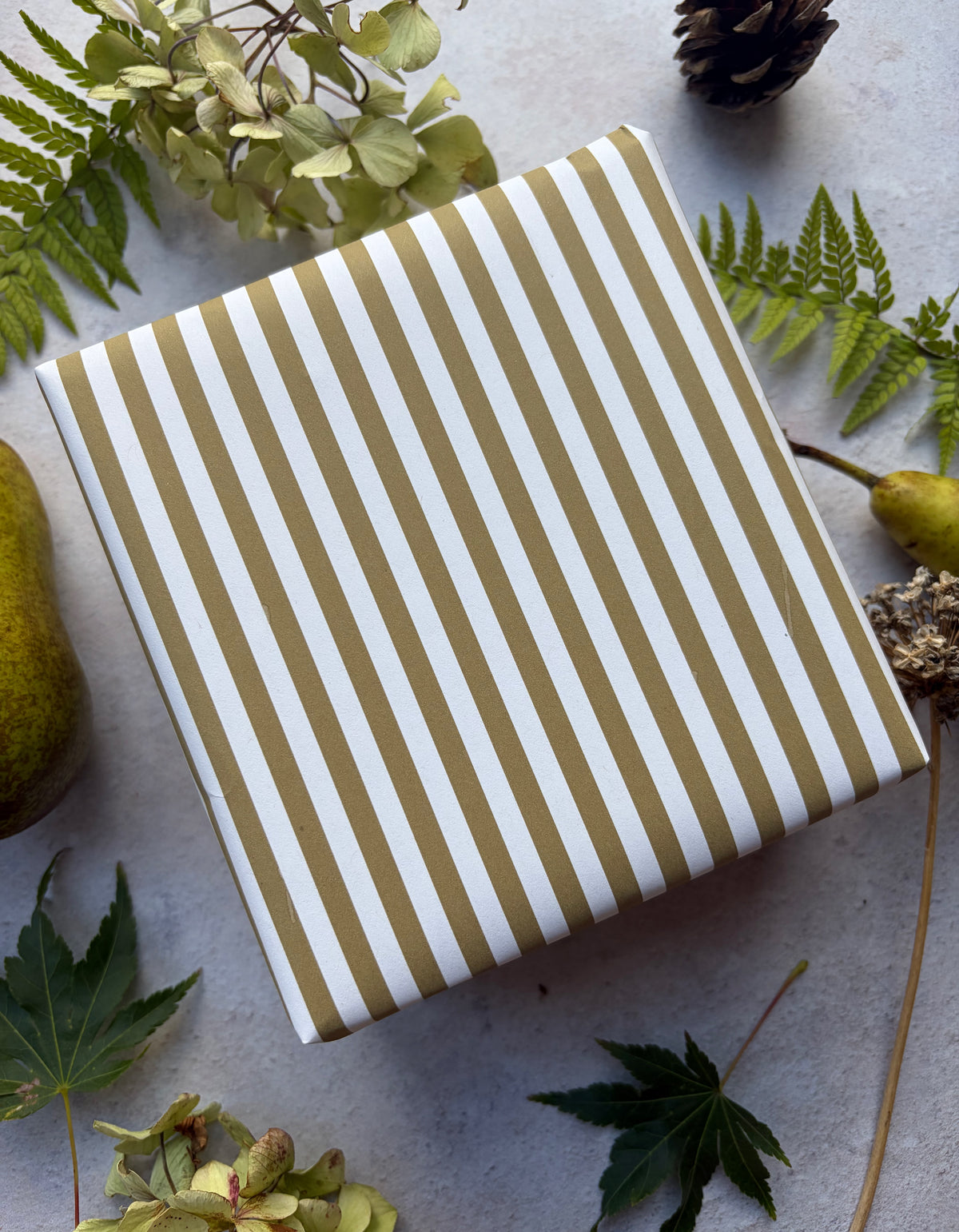 Moss Green Stripe  on  White Recycled Fibre 450 x 320mm Size Wrapping Paper Sheet