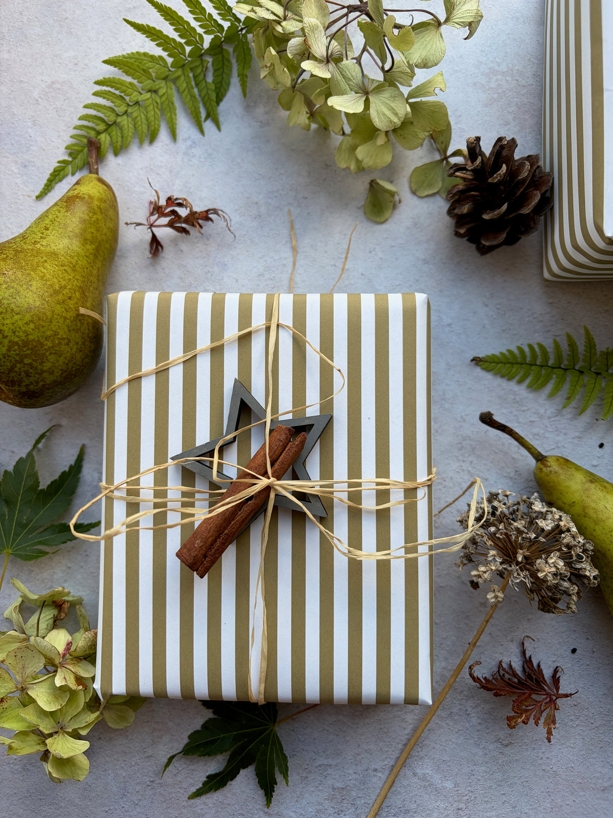 Moss Green Stripe  on  White Recycled Fibre 450 x 320mm Size Wrapping Paper Sheet
