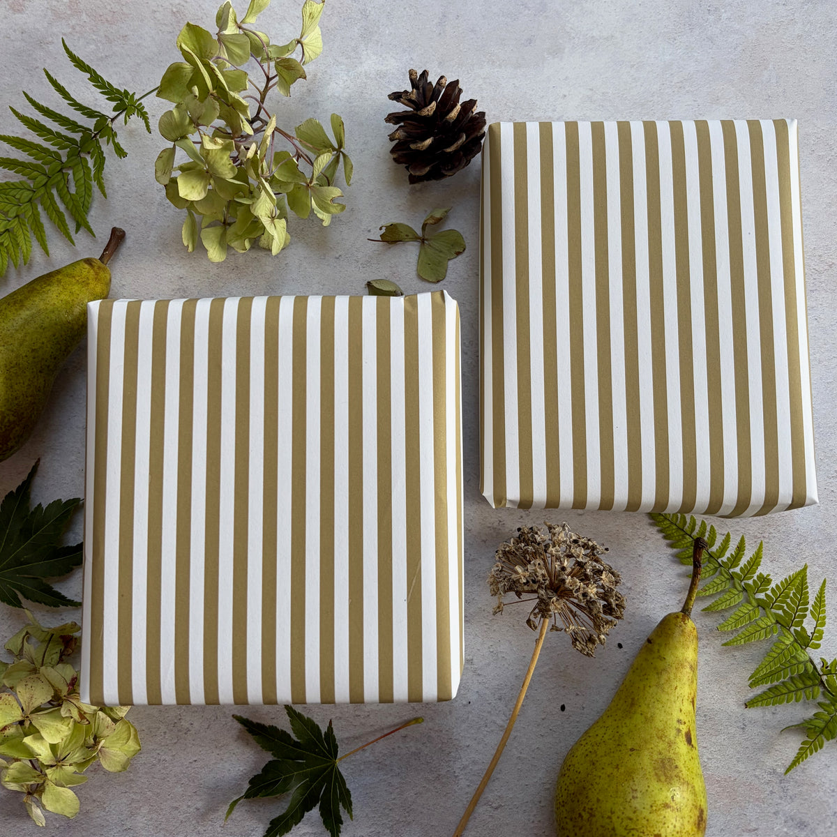 Moss Green Stripe  on  White Recycled Fibre 450 x 320mm Size Wrapping Paper Sheet