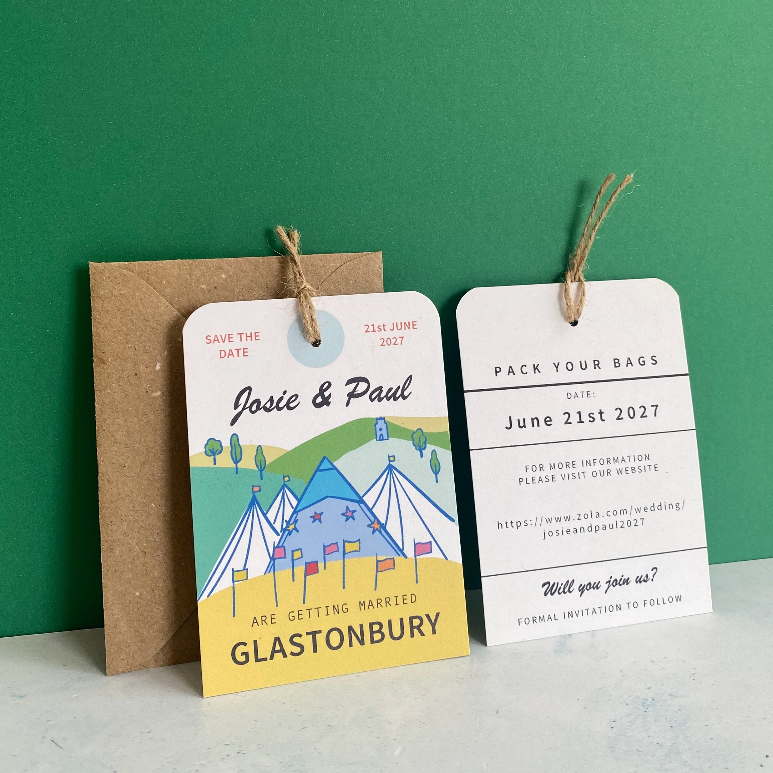 Glastonbury Illustration Save the Date Luggage Tag