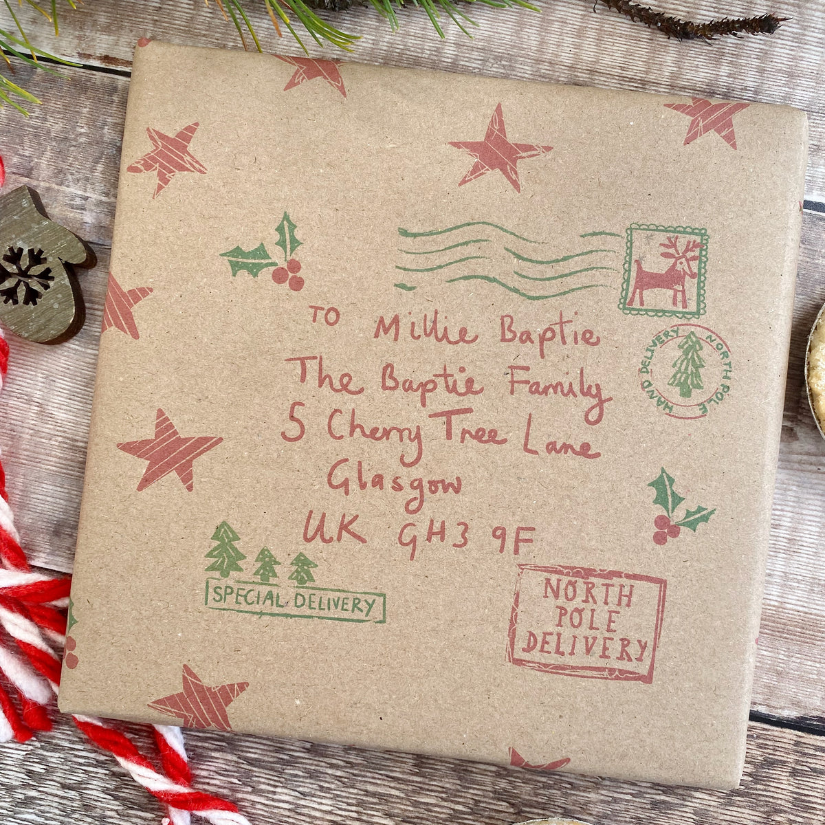 North Pole Special Delivery Name And Address Personalised Fibre Wrapping Paper