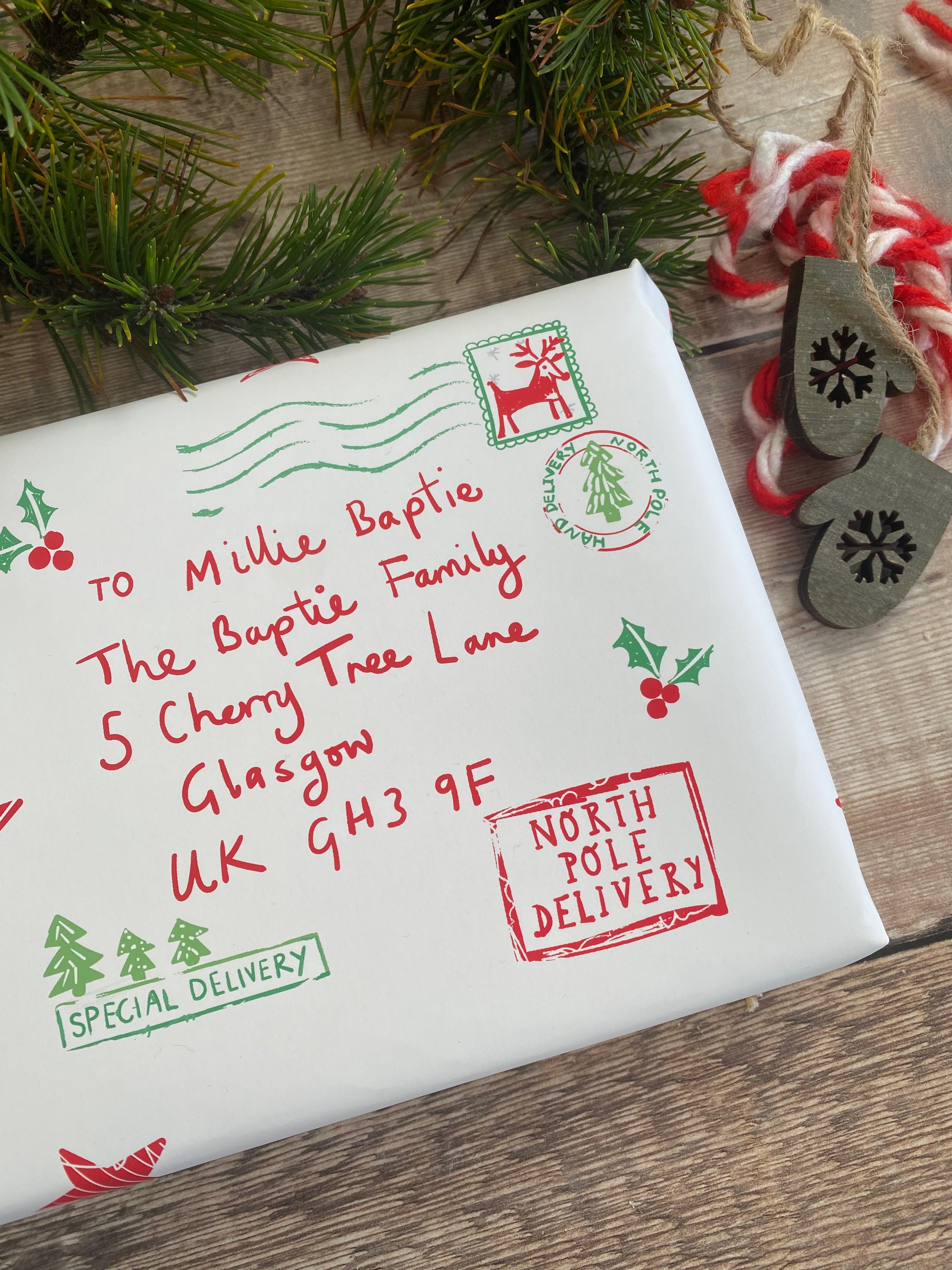 North Pole Special Delivery Name And Address Personalised White Wrapping Paper