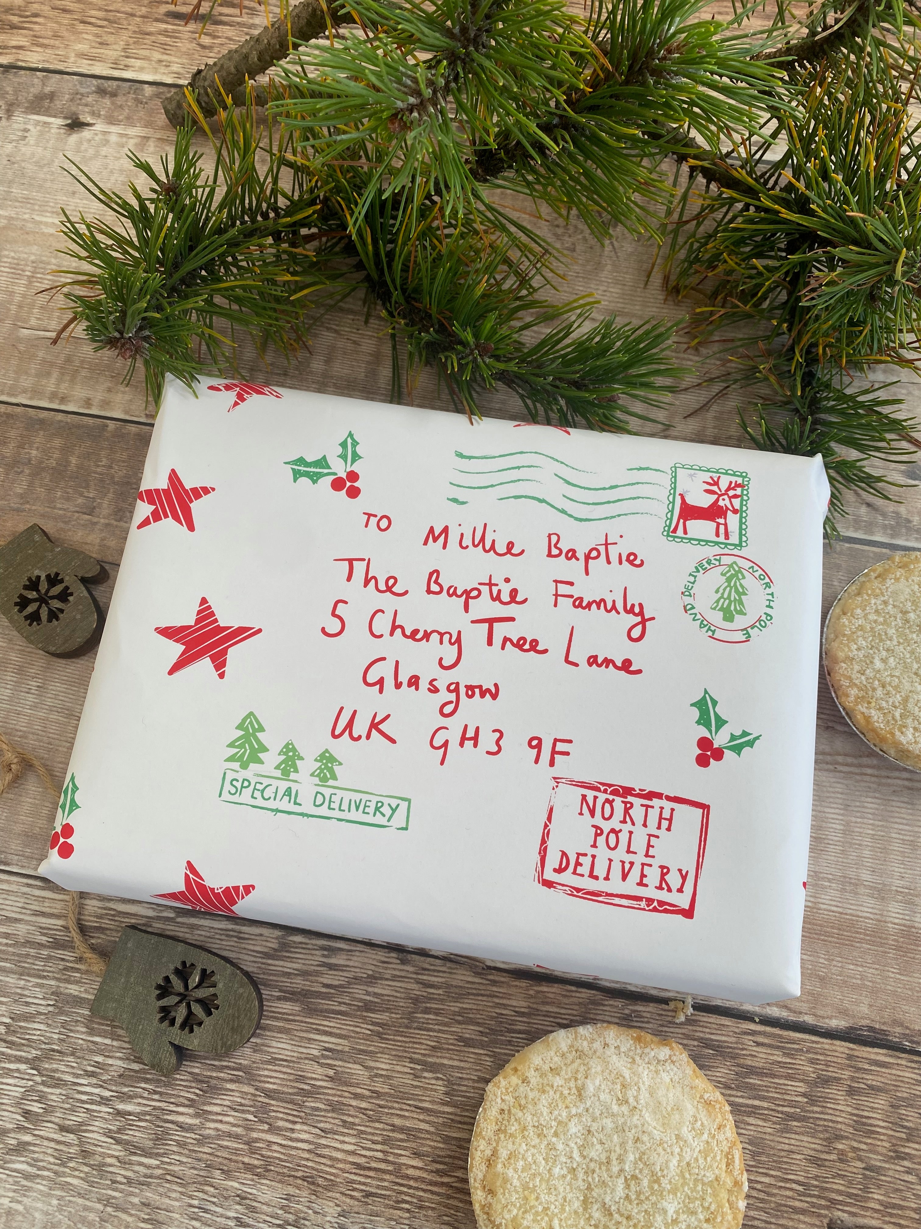 North Pole Special Delivery Name And Address Personalised White Wrapping Paper