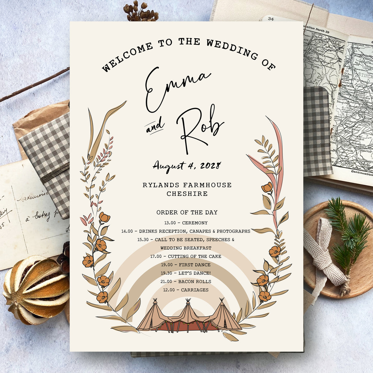 Boho Tipi Order Of Events Wedding Sign & Welcome Board