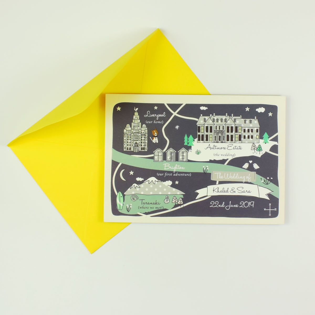 Illustrated Bespoke Map Invitation -Our Story Navy