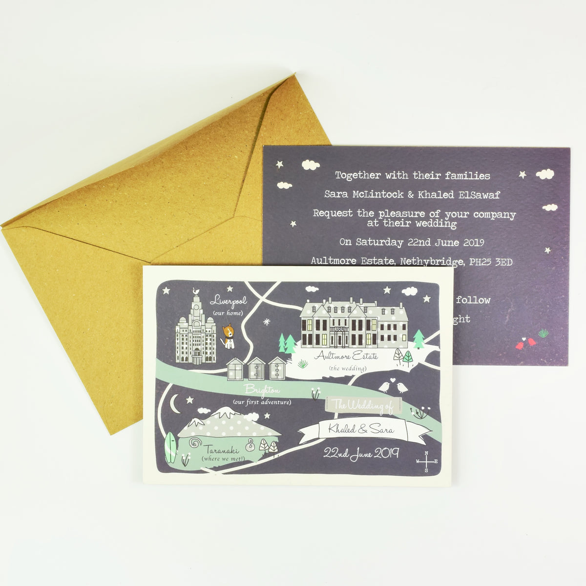 Illustrated Bespoke Map Invitation -Our Story Navy
