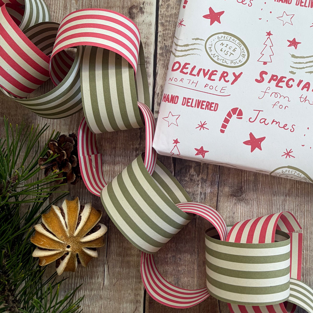 Paper Chain Garland, Striped Green & Red , Christmas Decoration,Recycled Paper Chain Decorations (230CM)