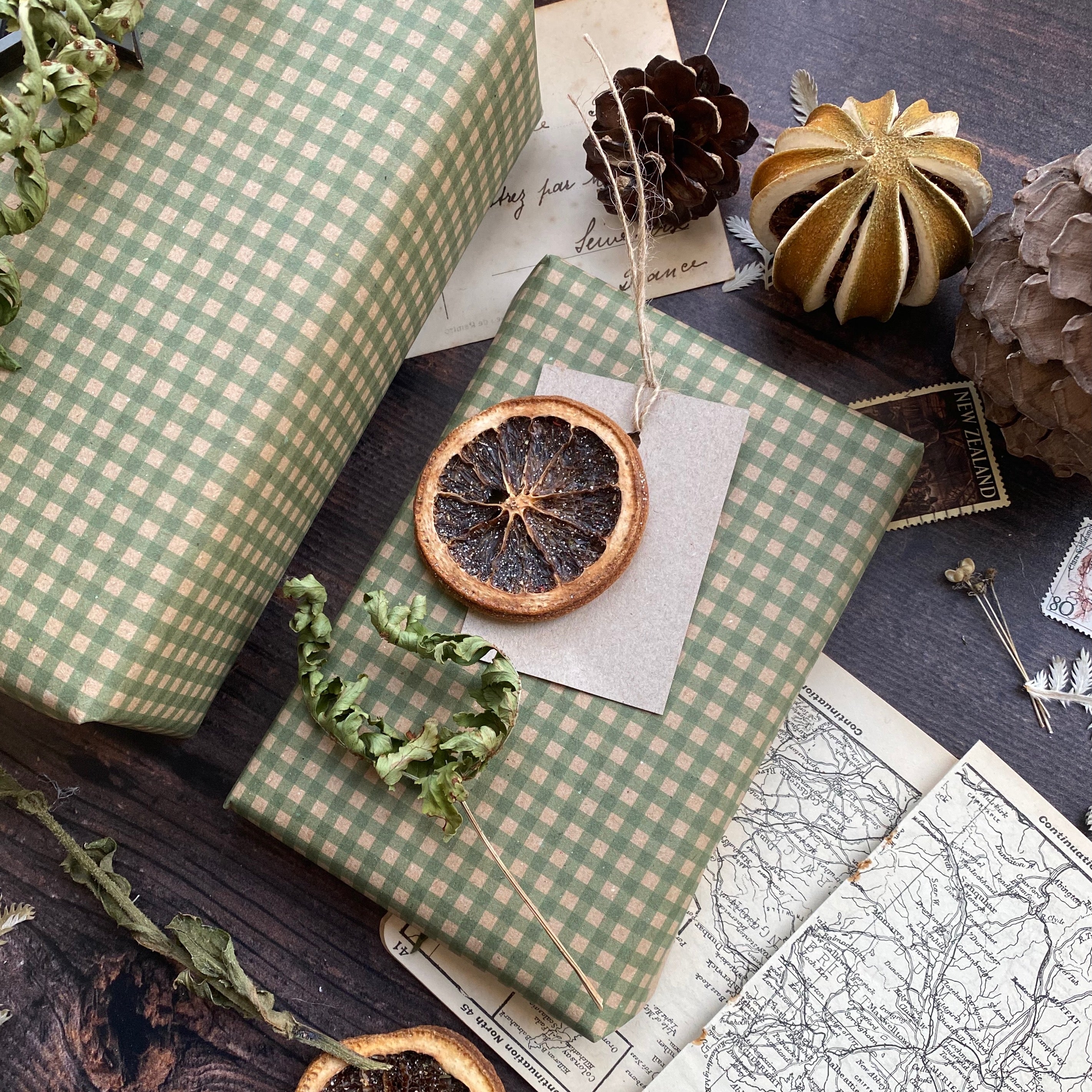 Green Gingham Paper Fibre Wrapping Paper