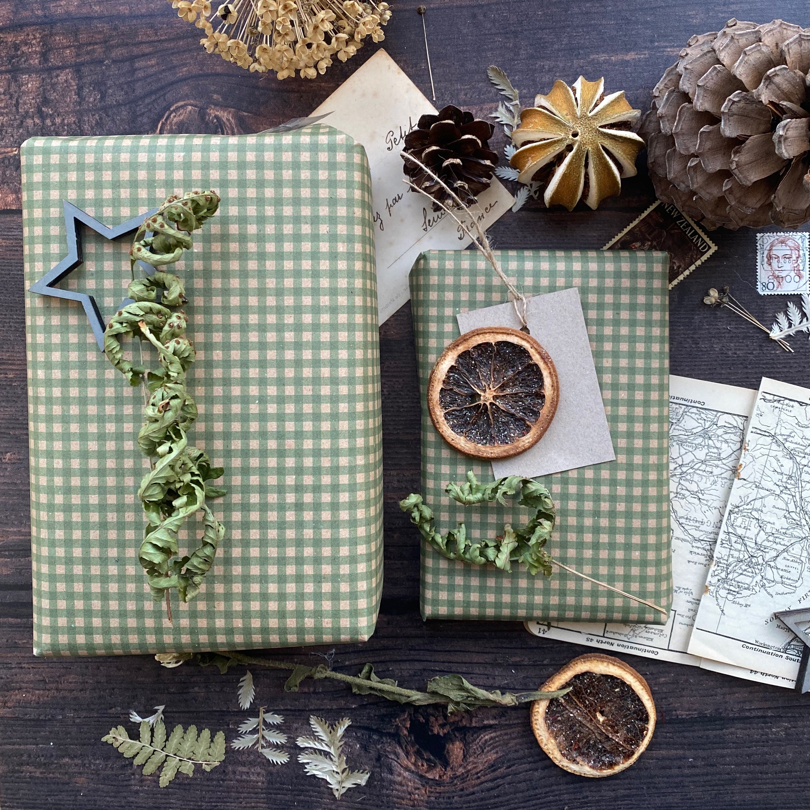 Green Gingham Paper Fibre Wrapping Paper
