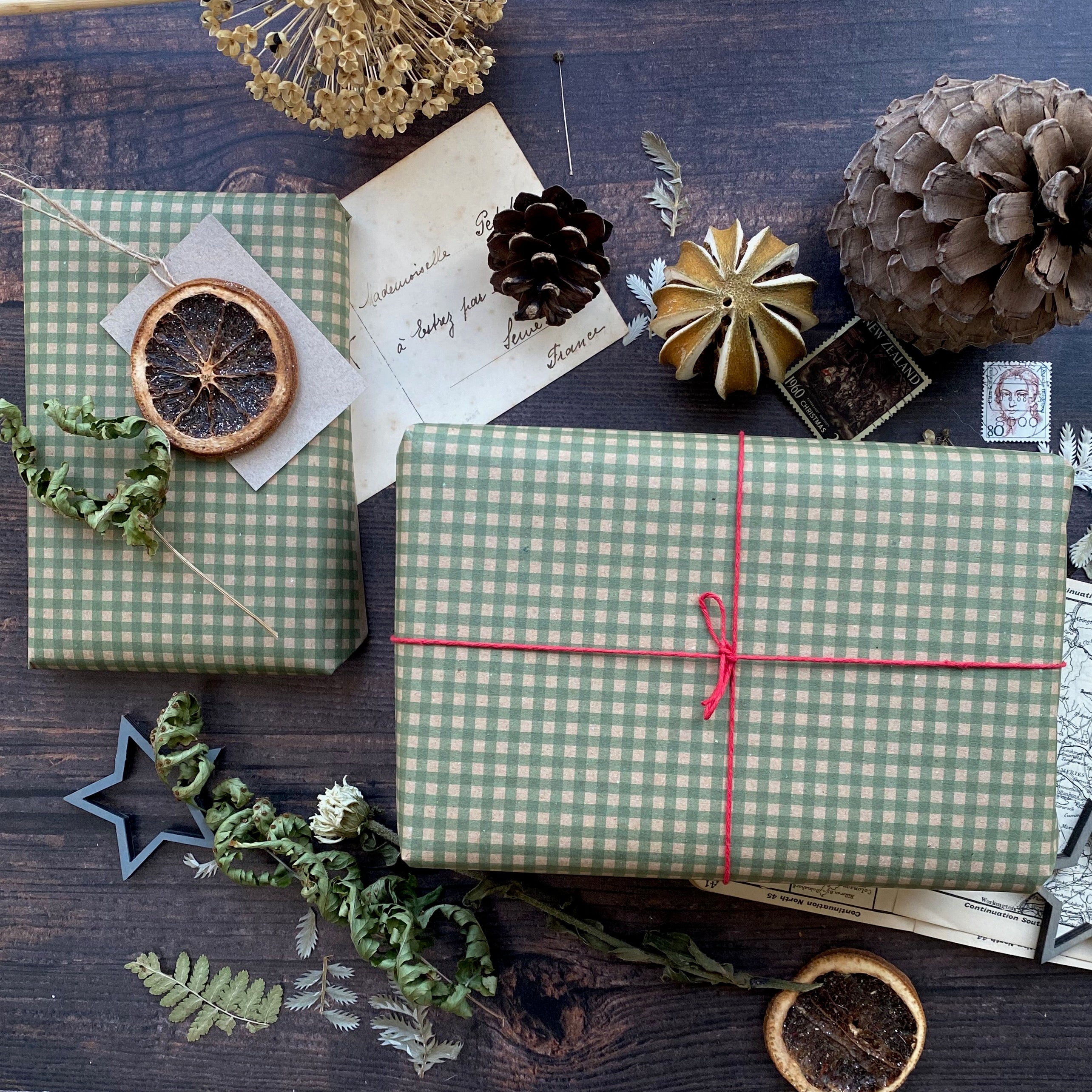 Green Gingham Paper Fibre Wrapping Paper
