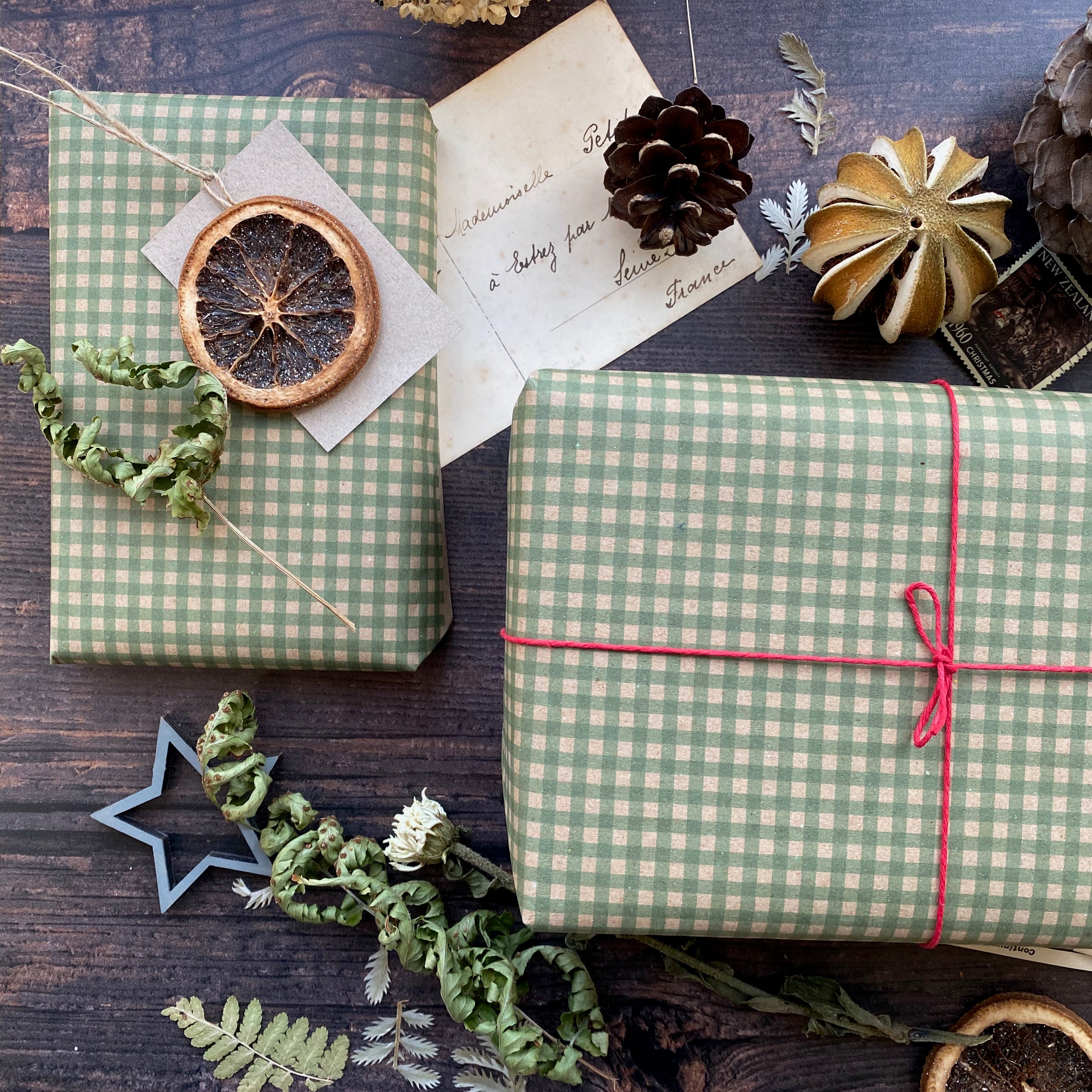 Green Gingham Paper Fibre Wrapping Paper