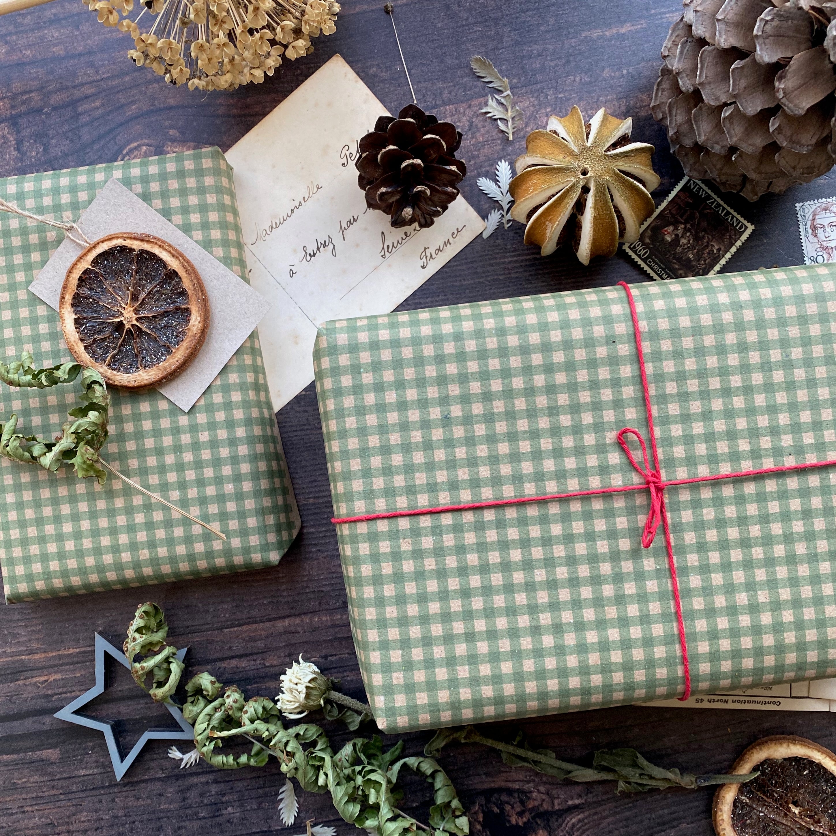Green Gingham Paper Fibre Wrapping Paper