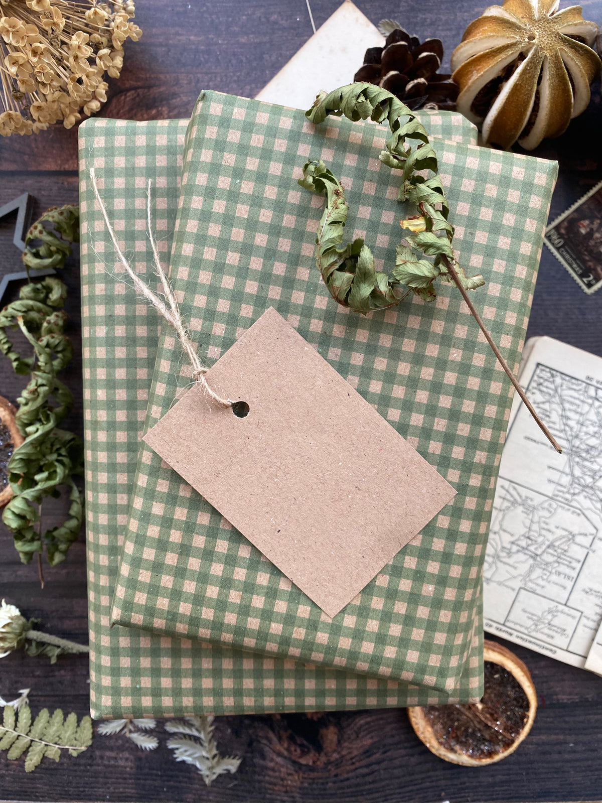 Green Gingham Paper Fibre Wrapping Paper