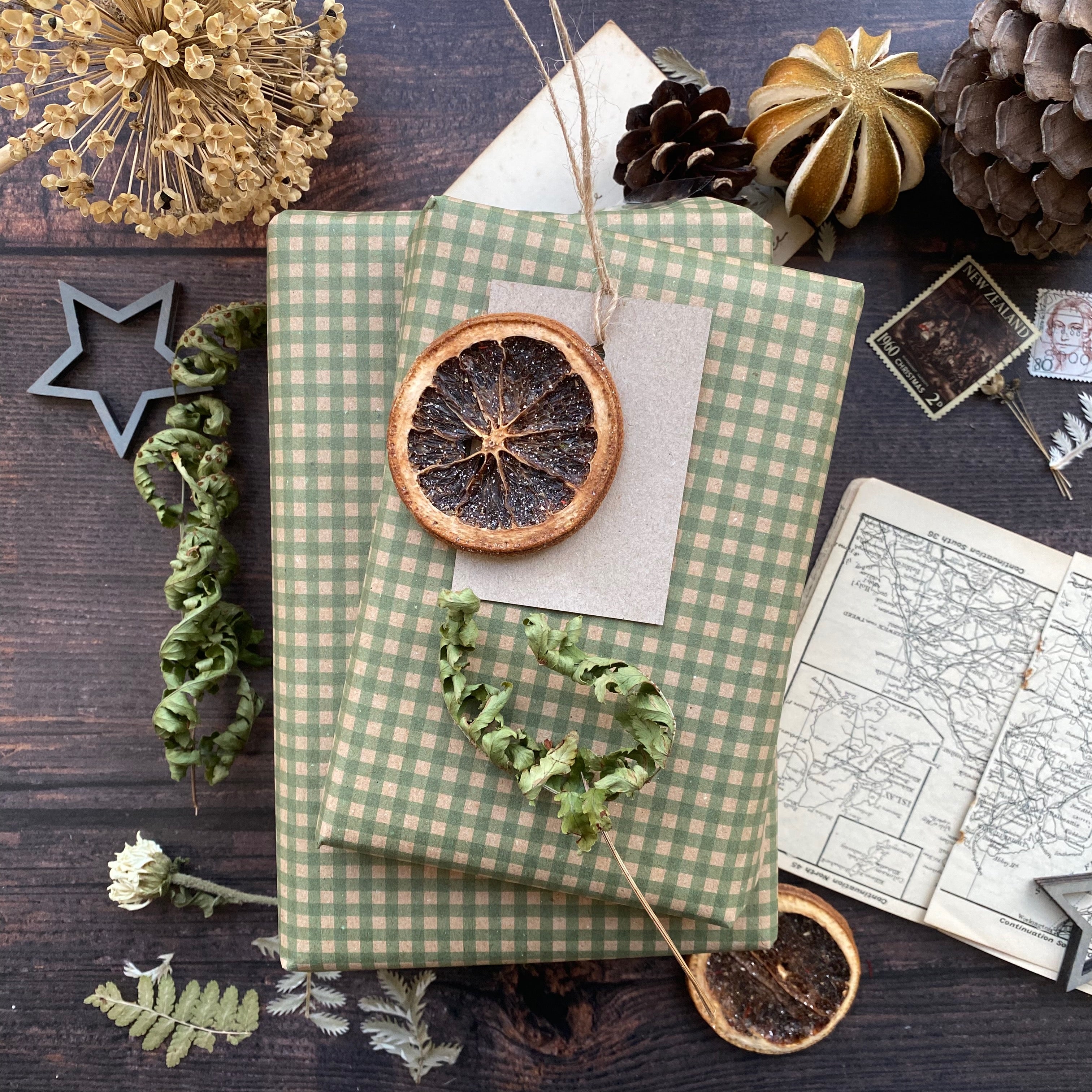 Green Gingham Paper Fibre Wrapping Paper