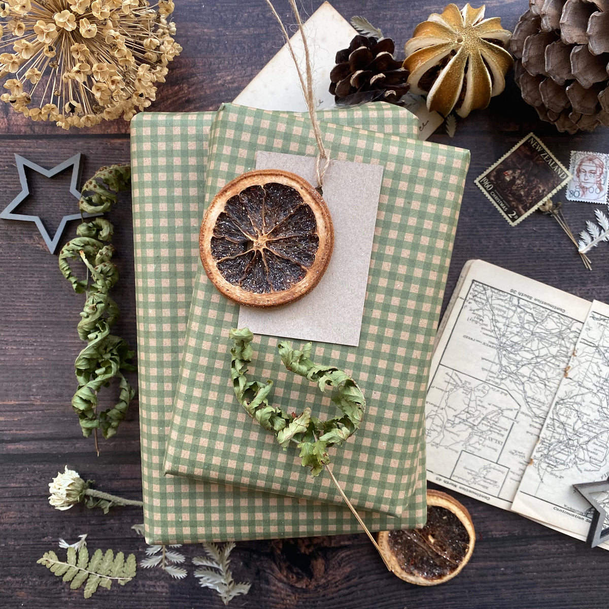 Green Gingham Paper Fibre Wrapping Paper