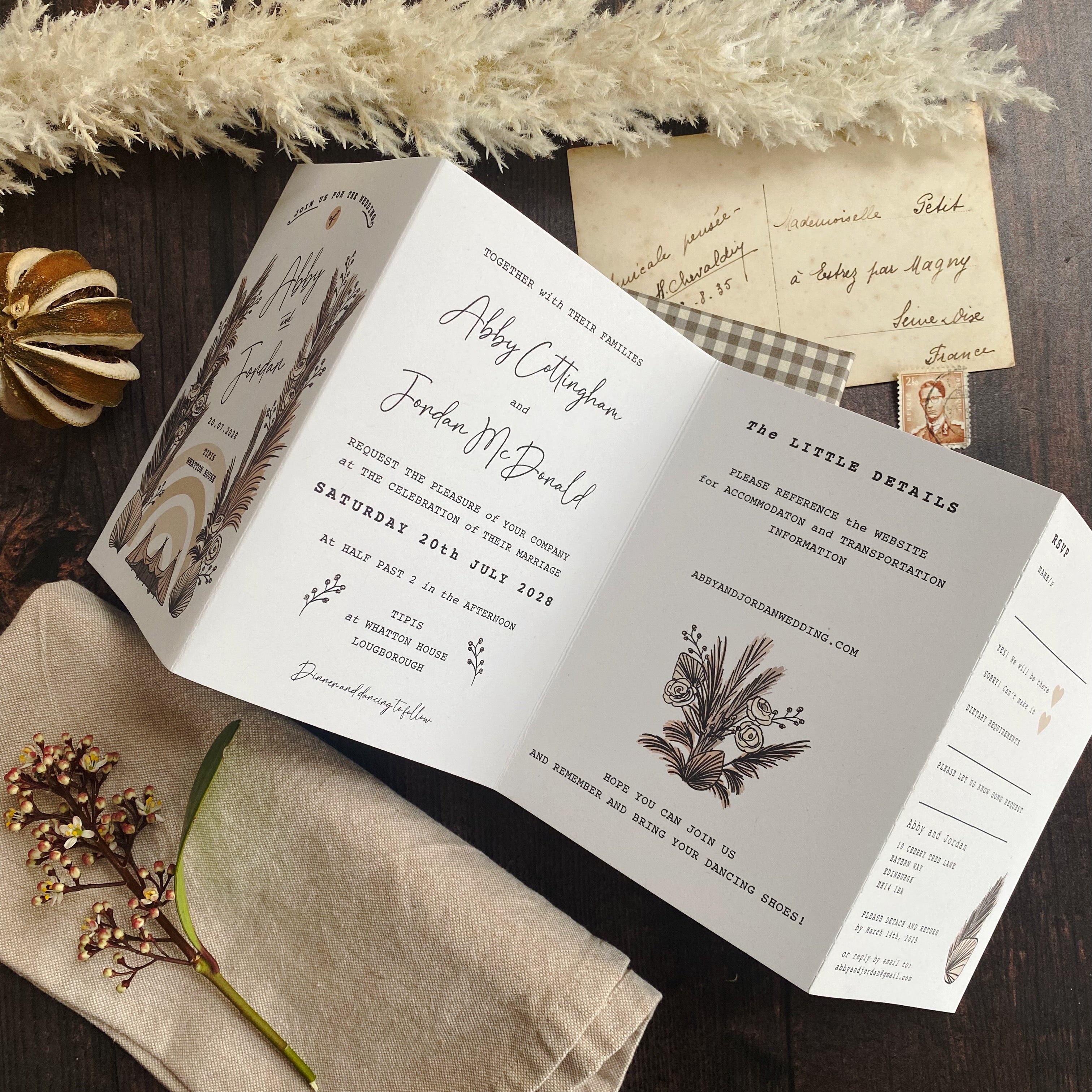 Boho Tipi Pampas Four Fold Wedding Invitation