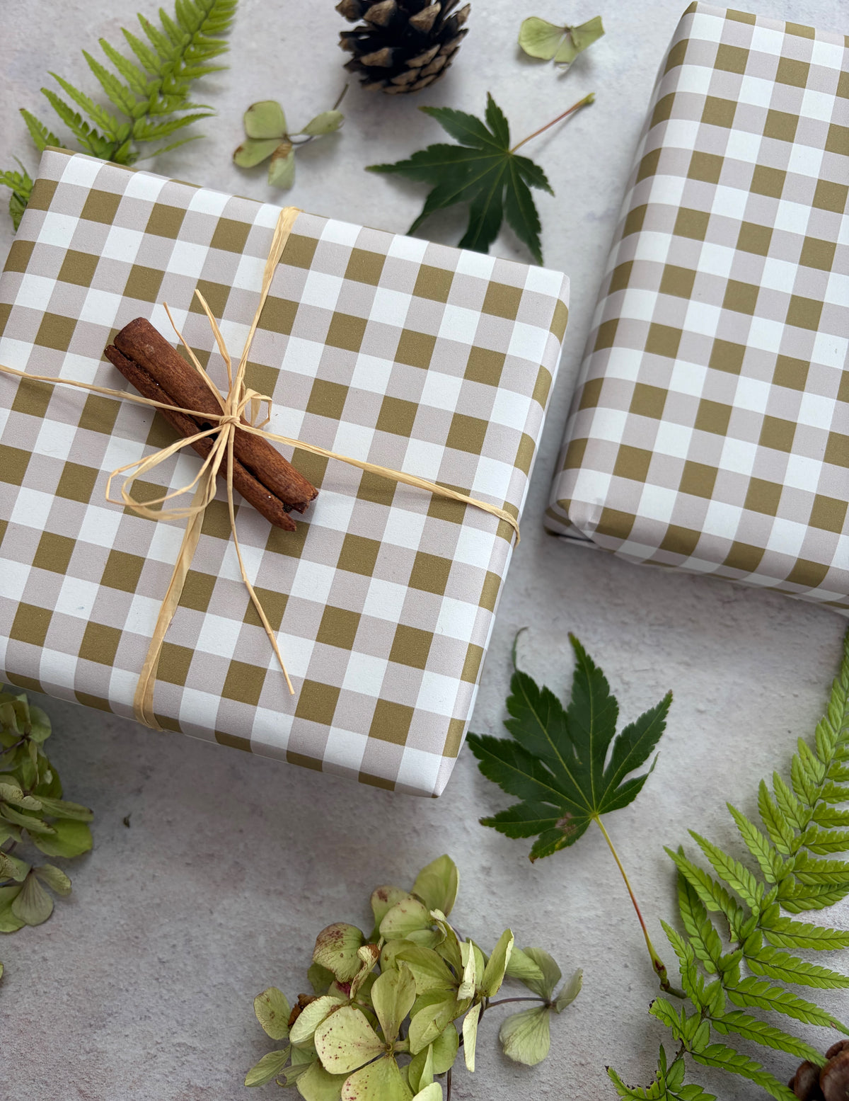 Moss Green Cheque Pattern on White Recycled Fibre 450 x 320mm Size Wrapping Paper Sheet
