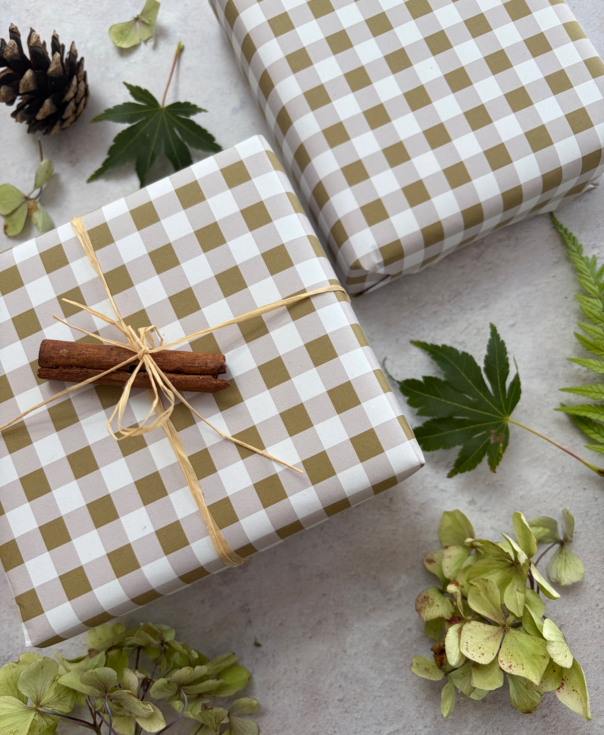 Moss Green Cheque Pattern on White Recycled Fibre 450 x 320mm Size Wrapping Paper Sheet