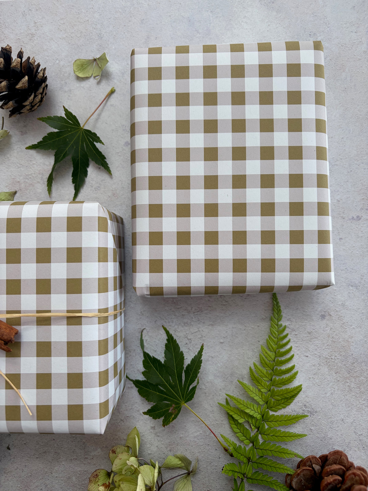 Moss Green Cheque Pattern on White Recycled Fibre 450 x 320mm Size Wrapping Paper Sheet