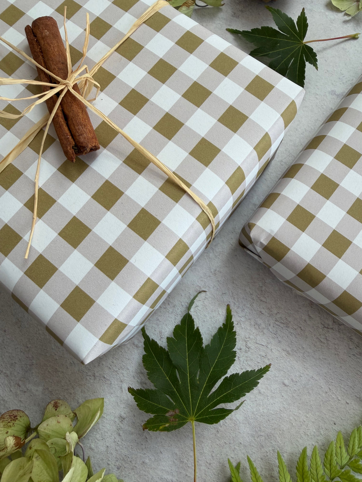 Moss Green Cheque Pattern on White Recycled Fibre 450 x 320mm Size Wrapping Paper Sheet