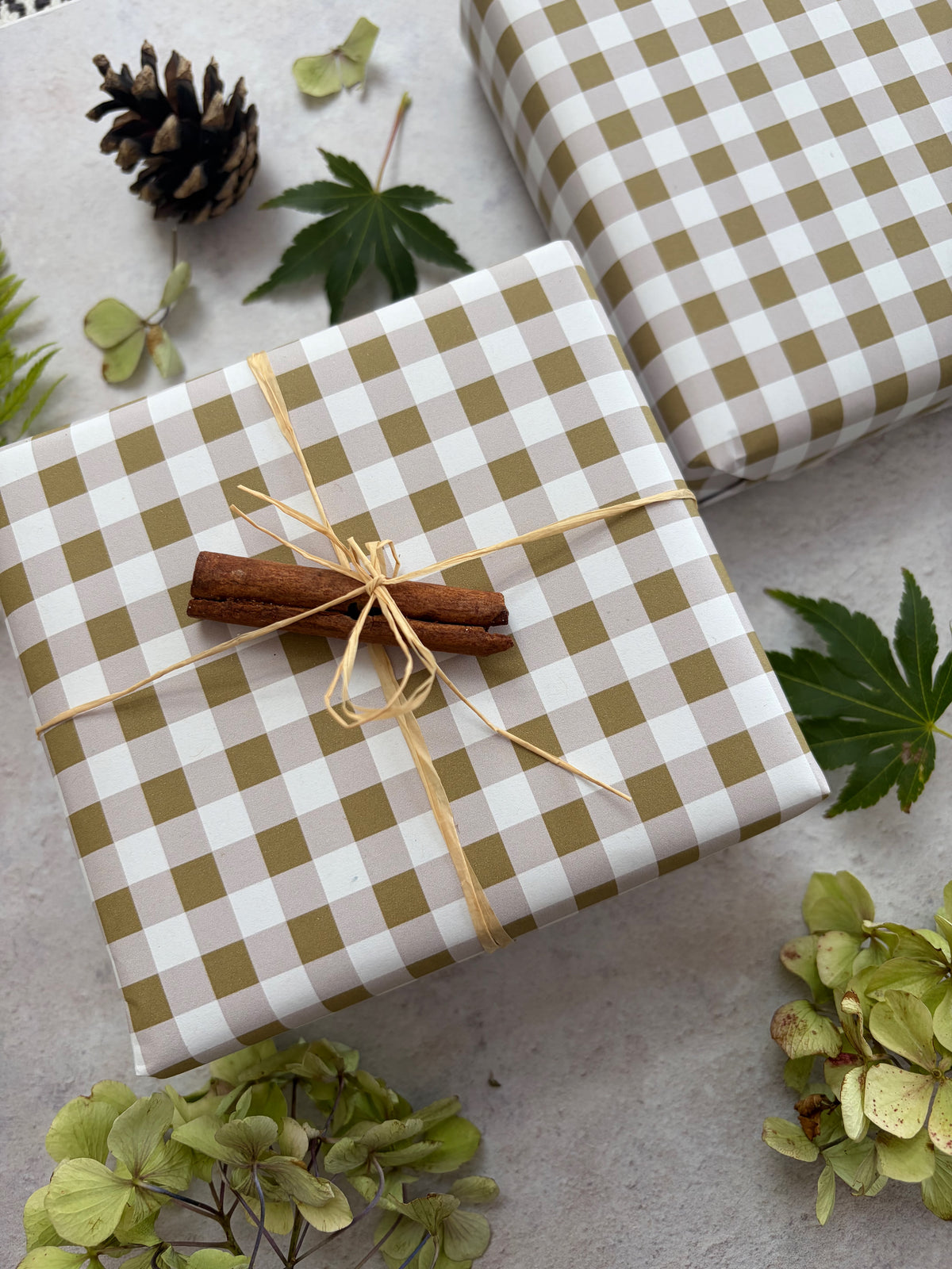 Moss Green Cheque Pattern on White Recycled Fibre 450 x 320mm Size Wrapping Paper Sheet