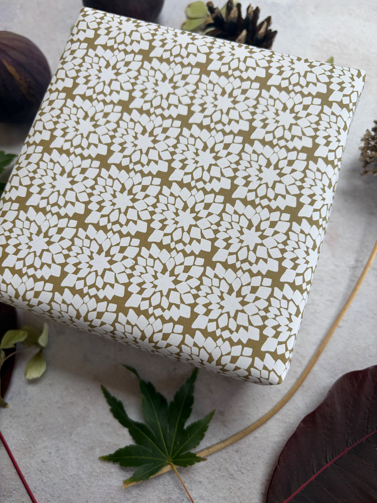 Snowflake Moss Green on  White Recycled Fibre 450 x 320mm Size Wrapping Paper Sheet