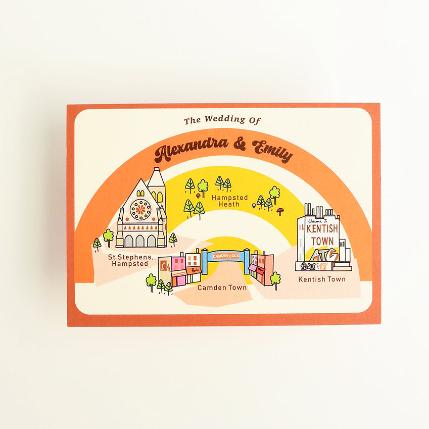 Illustrated Bespoke Map Invitation - our story retro rainbow