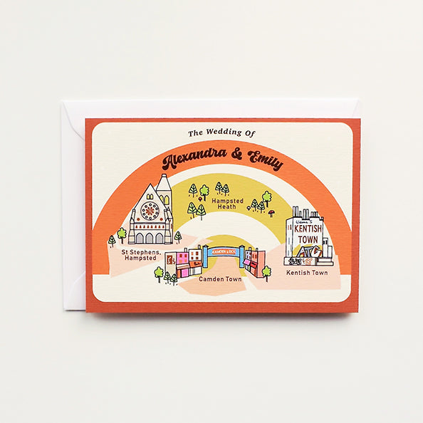 Illustrated Bespoke Map Invitation - our story retro rainbow