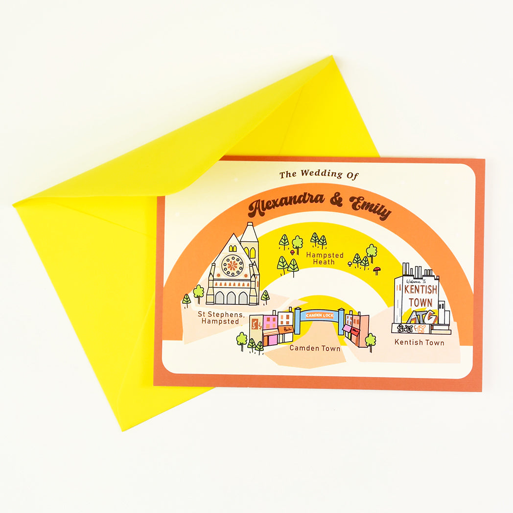 Illustrated Bespoke Map Invitation - our story retro rainbow