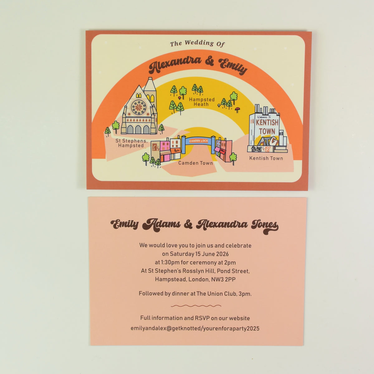 Illustrated Bespoke Map Invitation - our story retro rainbow