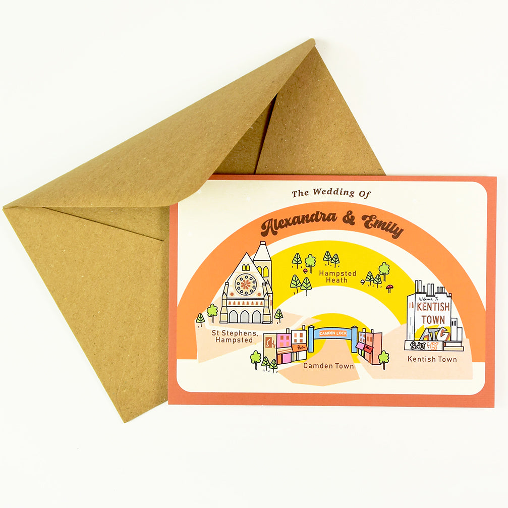 Illustrated Bespoke Map Invitation - our story retro rainbow