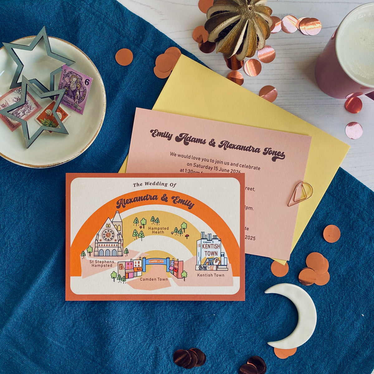 Illustrated Bespoke Map Invitation - our story retro rainbow