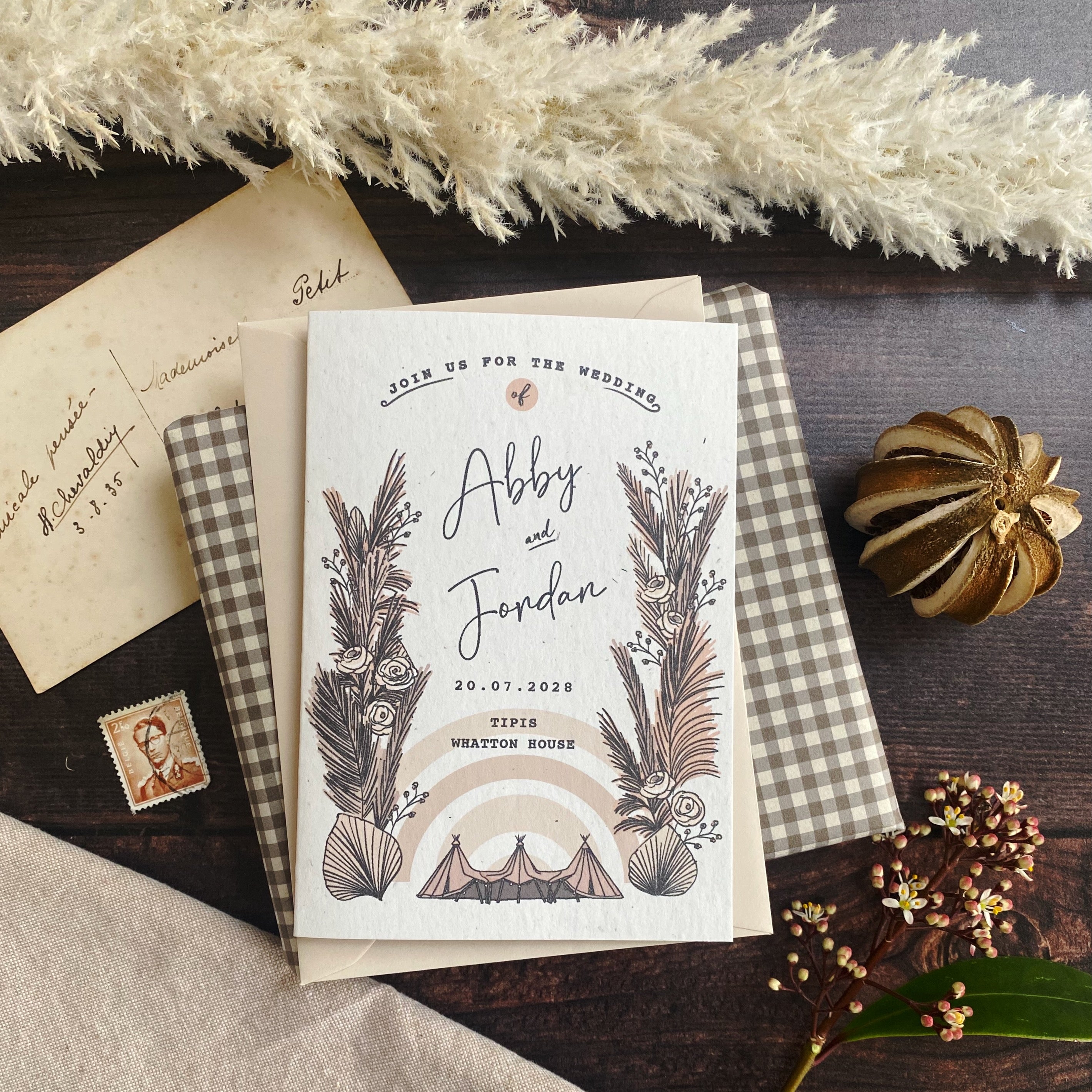Boho Tipi Pampas Folded Wedding Invitation