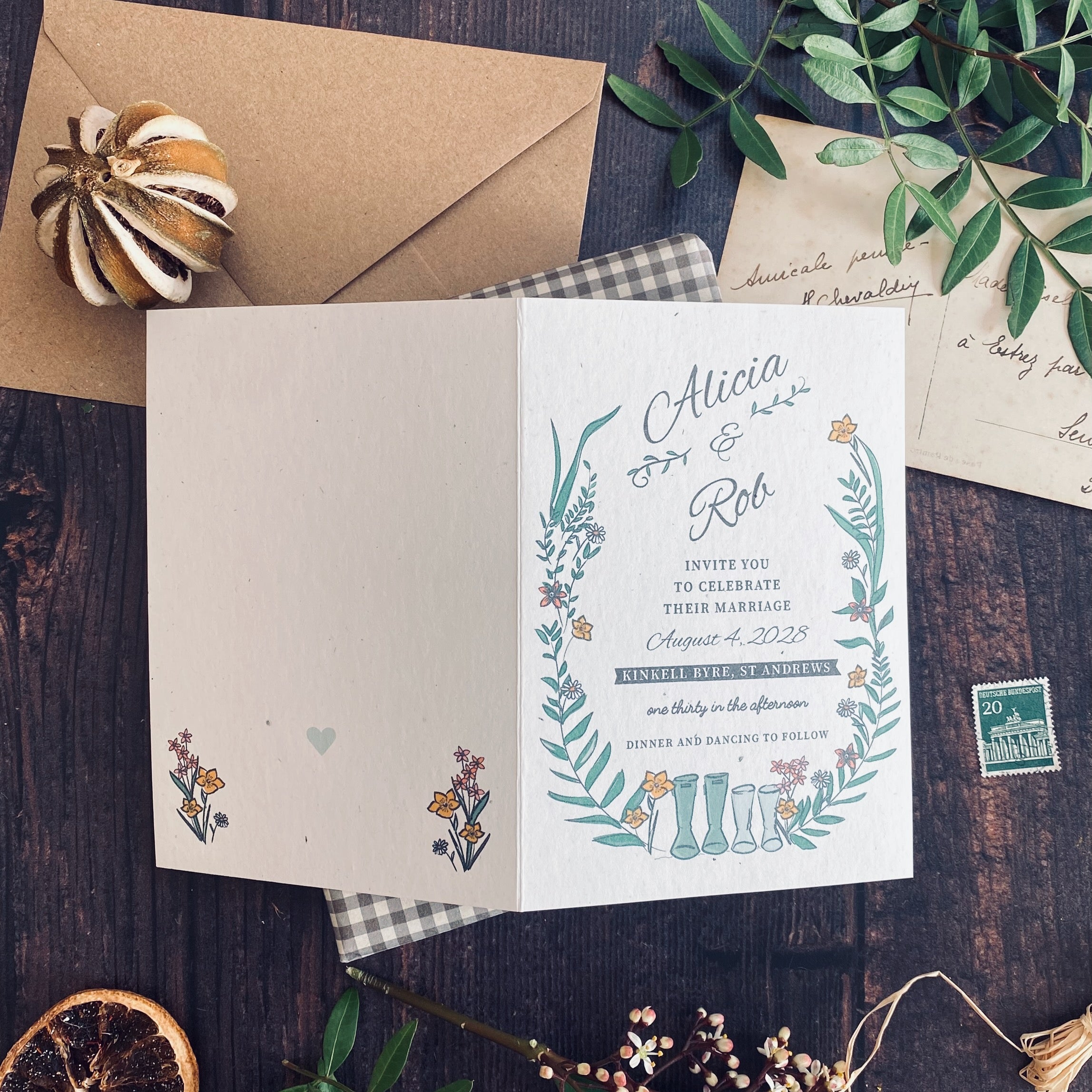Wellie & Wildflower Folded Wedding Invitation Card