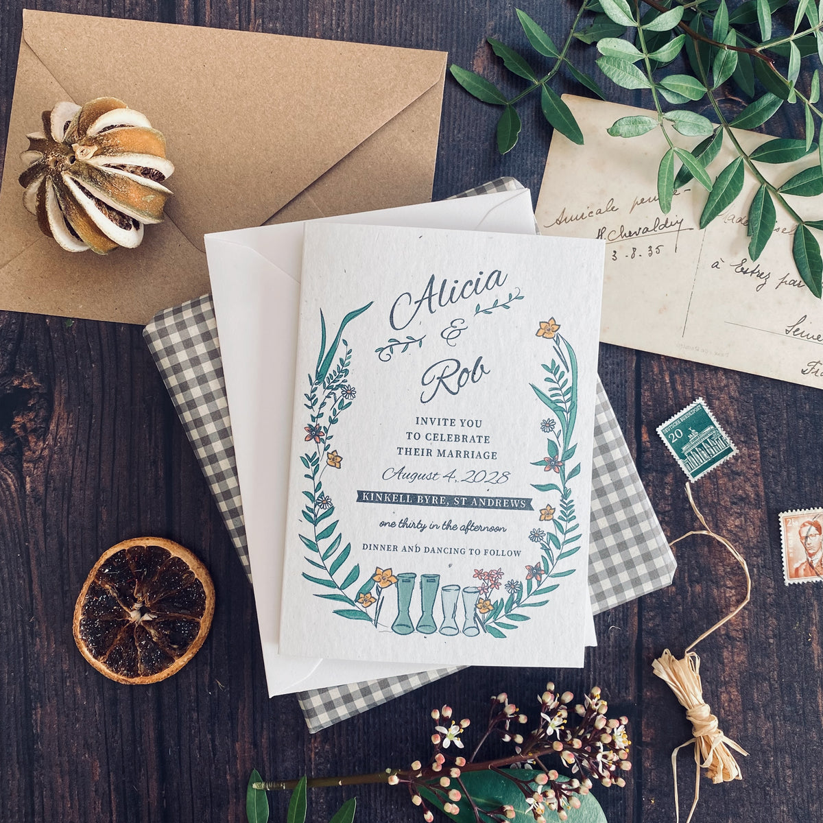 Wellie & Wildflower Folded Wedding Invitation Card