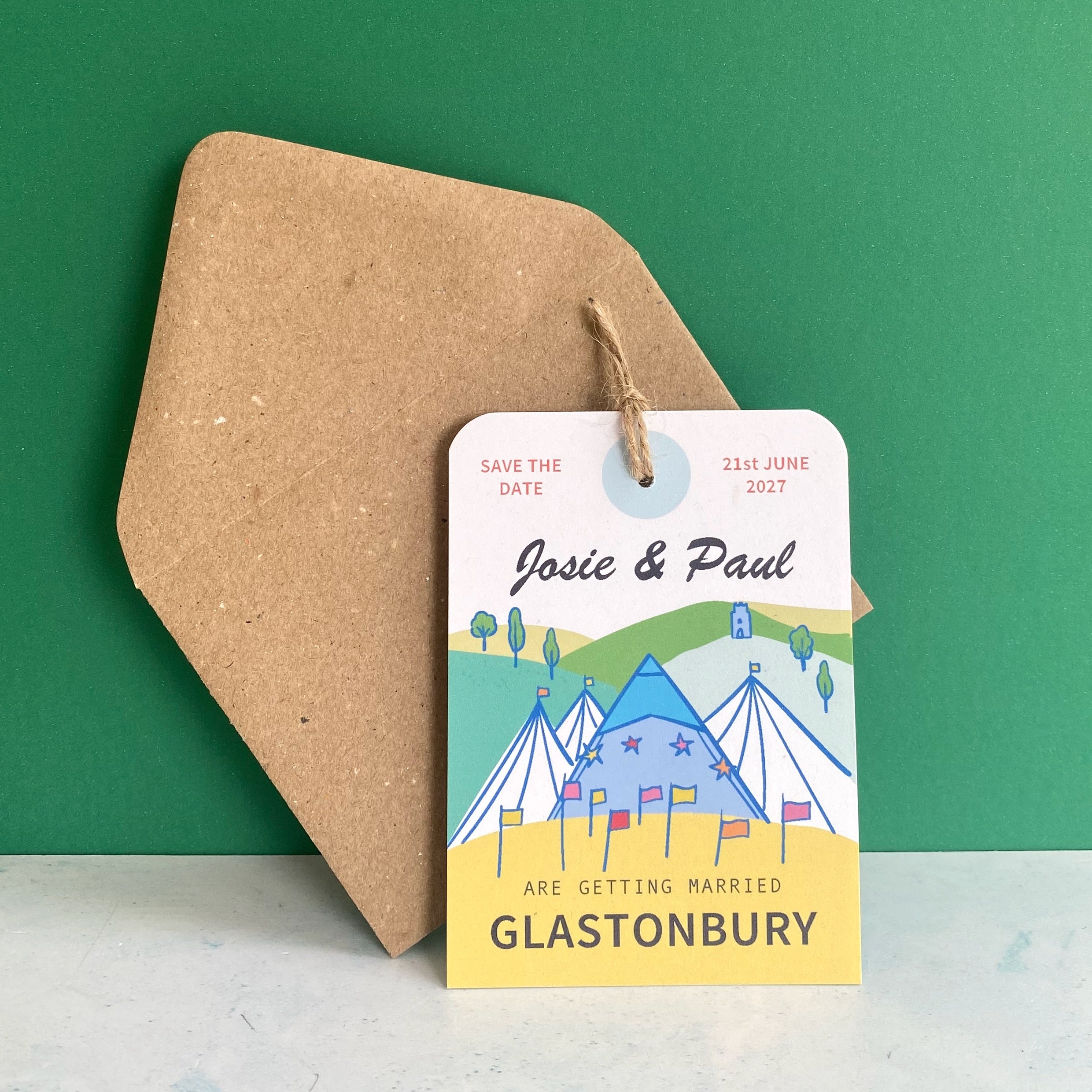 Glastonbury Illustration Save the Date Luggage Tag