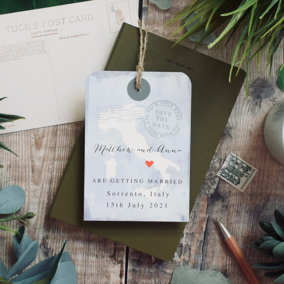Watercolour Background Luggage Tag Save The Date