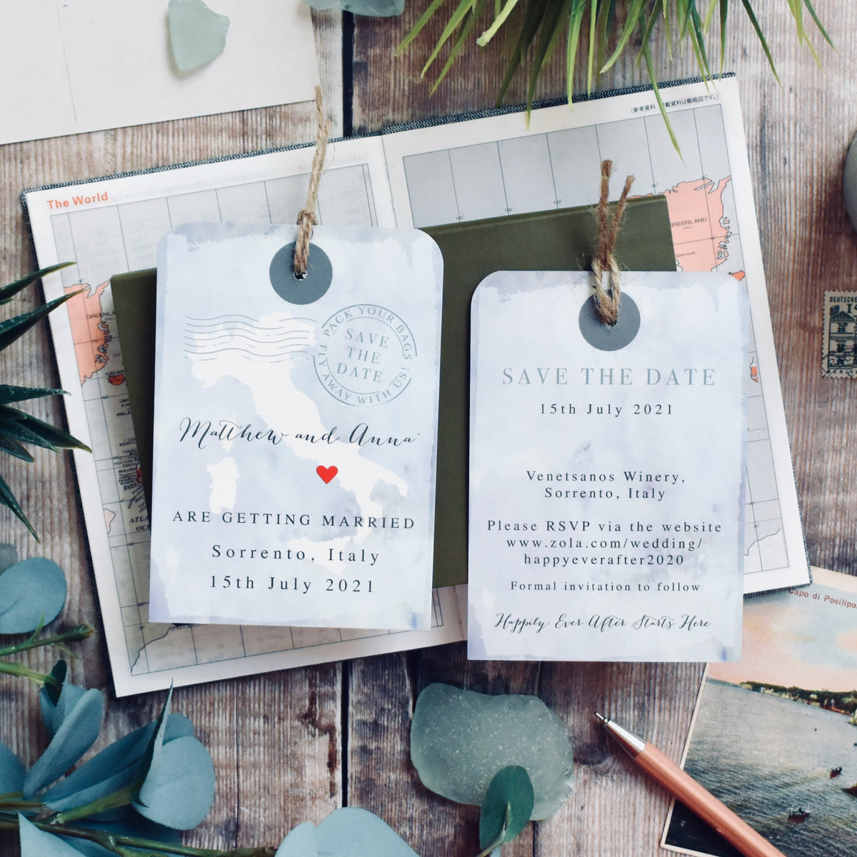 Watercolour Background Luggage Tag Save The Date