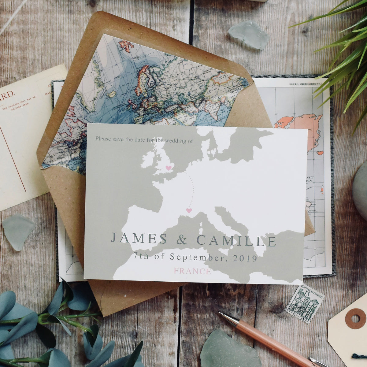 Wedding Abroad Map Save the Date Postcard